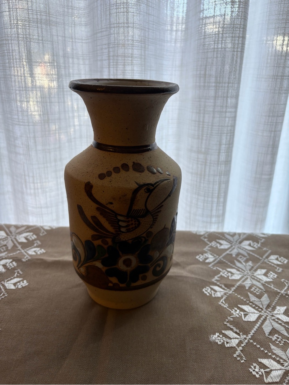 Hand-Painted Brown Ceramic Vase with Bird Motif